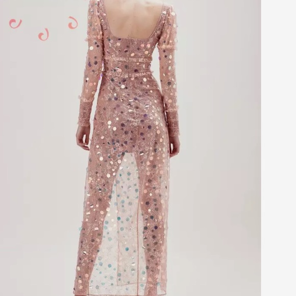 For Love & Lemons Ace Sequin Lace Nude Long Sleeve Slit Maxi Dress Gown - Picture 4 of 11